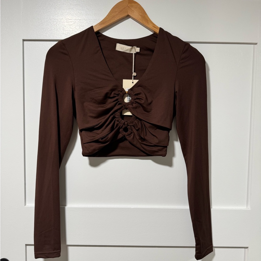 Brown Long Sleeve Cut out  Top